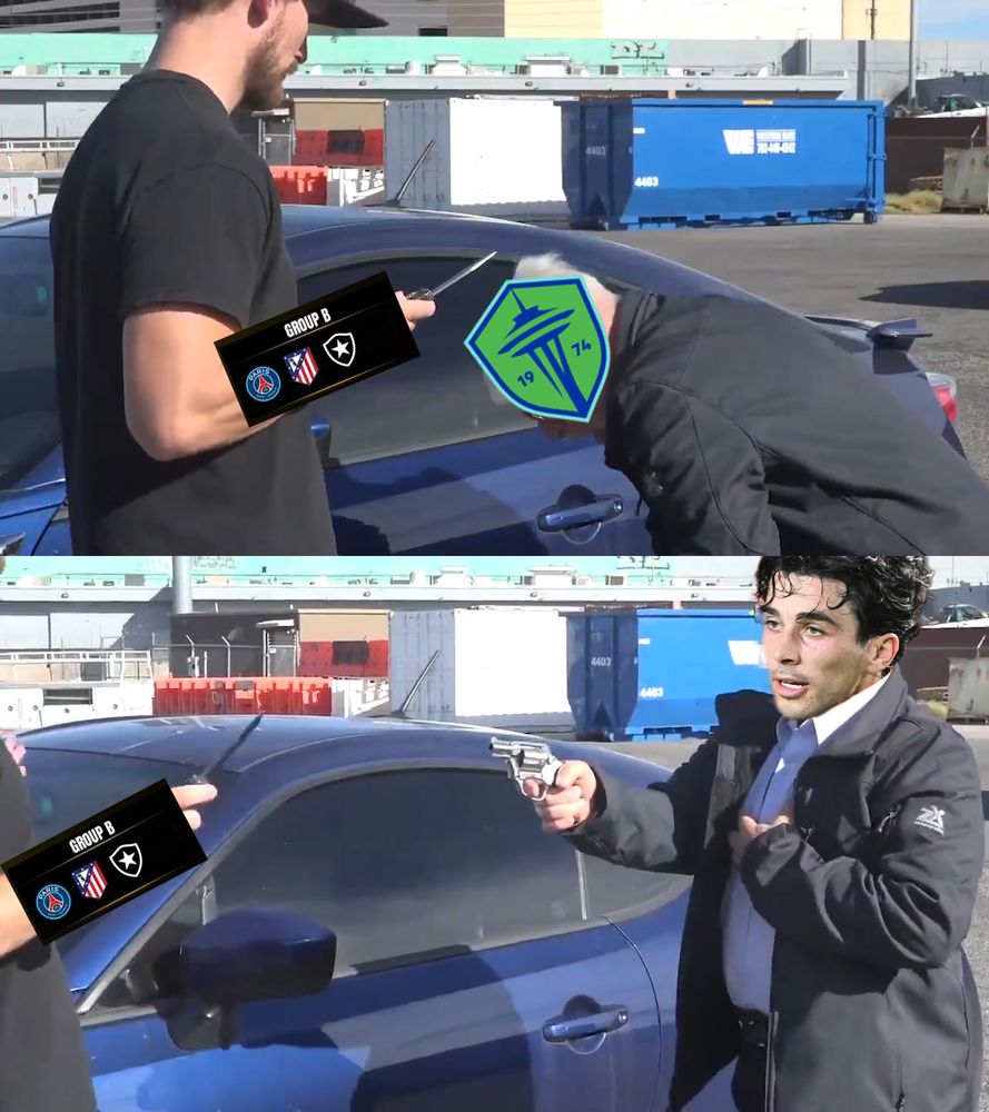 "call an ambulance but not for me" meme (a man holds an old man at knifepoint but the old man acts like he needs an ambulance but instead of pulling out a weapon to counterattack with; but with the Sounders as the old man being attacked and Club World Cup Group B as the attacker.