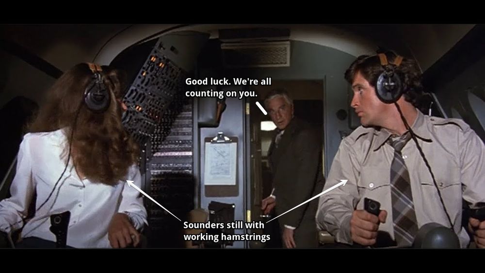 Screenshot from Airplane! The Movie. Two people in the pilot seats looking back at man who says through the cockpit doorway "good luck we're all counting on you"
