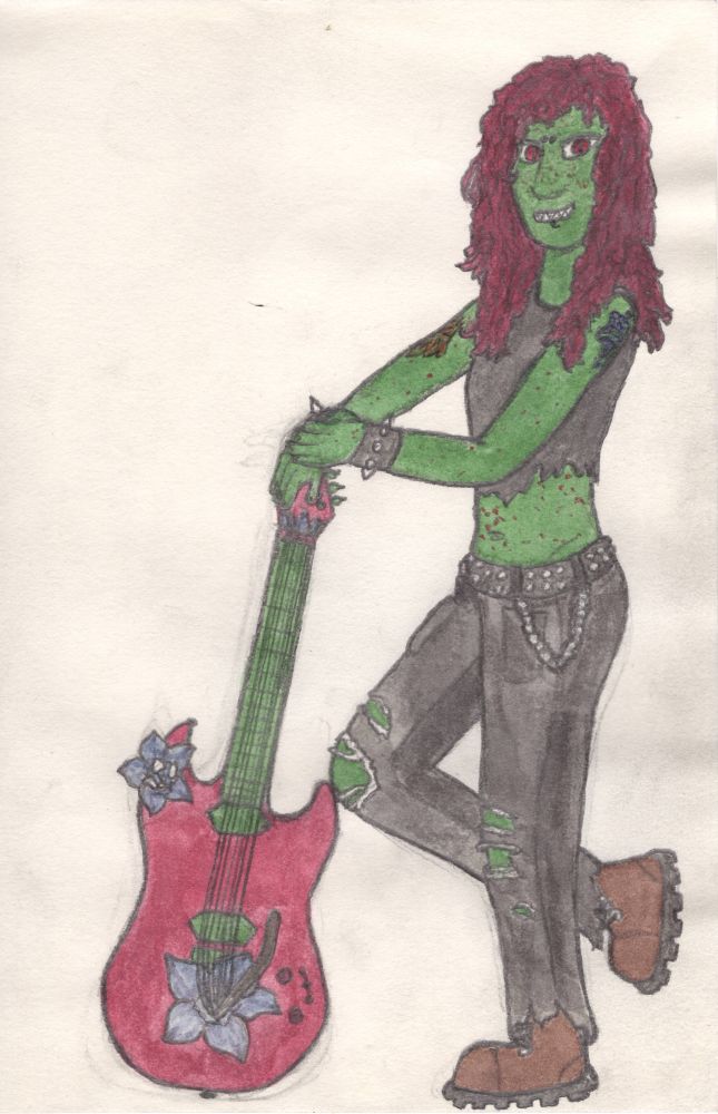 Traditional drawing colored with watercolors that depicts an androgynous young man with green skin and a long red mane of curls. He wears a ripped crop top and torn black jeans, posing with a red and green guitar that has flowers blooming out of it.