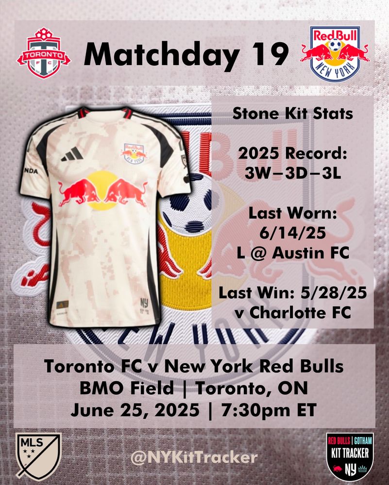 The New York Red Bulls will be in the Stone kit for tonight’s match against Toronto FC at 7:30pm ET at BMO Field in Toronto, ON.

The Red Bulls have 3 wins, 3 draws, and 3 losses in their tan kits in 2025.

The last time they wore their tan kits was against Austin FC in a loss on the road on June 14, 2025.

The last win in the stone kit was against Charlotte FC at home on May 28, 2025.