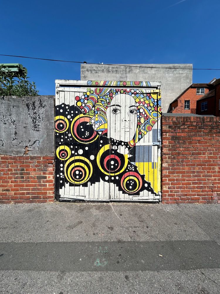 Two wooden doors form a gate that is taller than the red brick walls it stands between. The doors and their frame have been painted with a mural featuring a black-and-white face surrounded by colourful abstract shapes. The artwork's composition is reminiscent of a Klimt portrait, but in a retro 1960s/70s style. Artist unknown, likely created around 2020 for the Boundary bar. Hosier Street, Reading, Berkshire, UK. Photo by Gearóid Burke. 