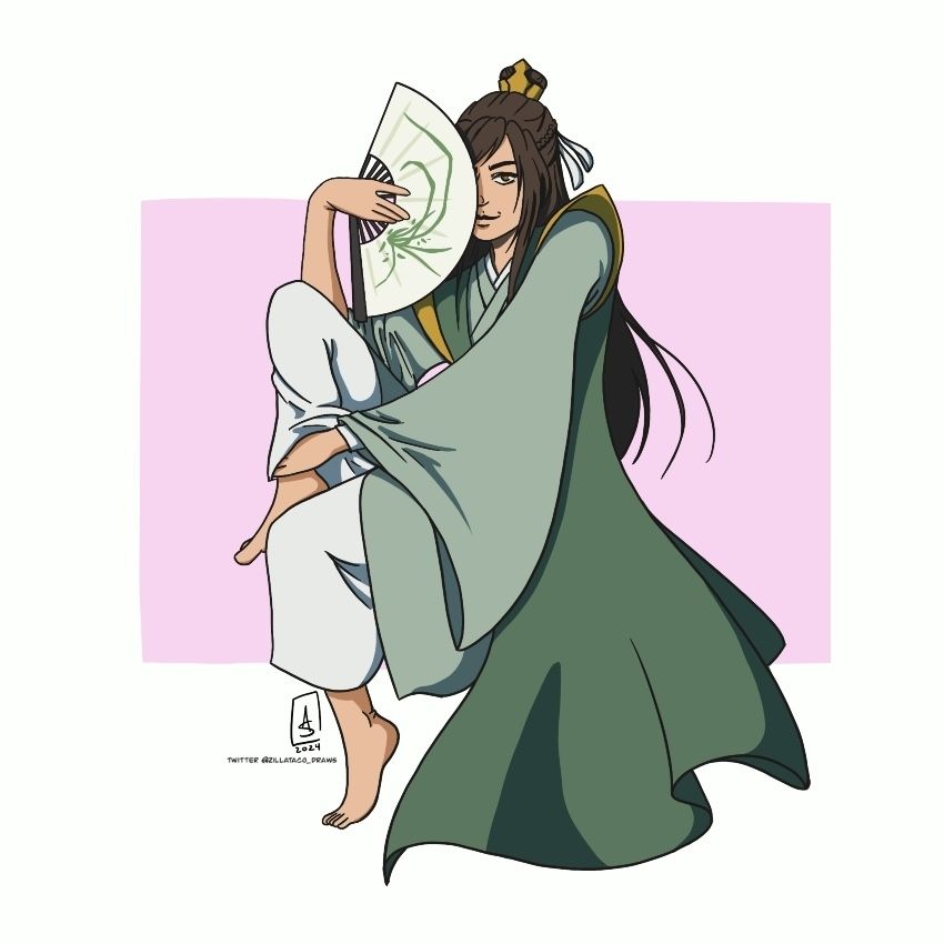 Nie Huaisang, barefoot in donghua robes, sitting with a knee up and hand on his ankle. His other hand holds a fan covering half of his face.