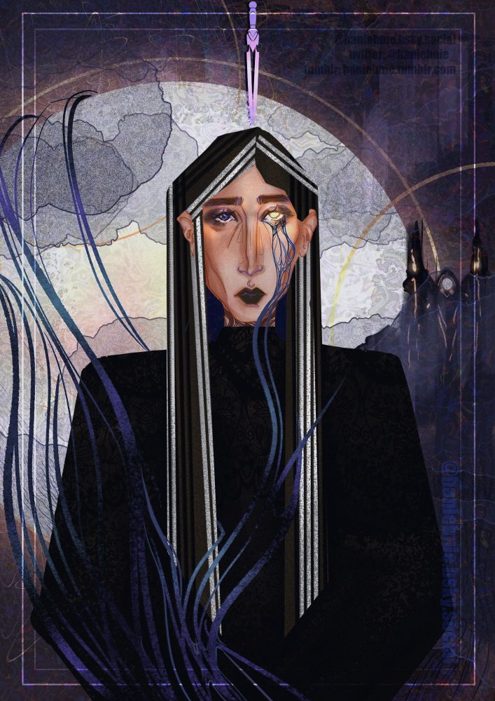 The picture depicts one character facing the viewer. The character is Sunniva, Han's original character. Sunniva has long straight black hair with white strikes throughout. Sunniva has straight thick eyebrows, black eye makeup, and matte black lipstick. Sunniva's facial expression is blank and serious but somewhat tense and the body language is elegant in a taught by somebody way - Sunniva has her hands together, which wholly obscured by the black clothes, placed before her and lowered onto her thighs. On her neck peaks out a black tattoo that looks similar to the rising tendrils. Sunniva's left eye is dark purple and the right eye is glowing yellow. The glowing eye illuminates her face in a warm yellow light. Bottom eyelid is surrounded by a bluish and purplish tendrils that appear to enter or exit from the corners of the eye. The tendrils are in between a liquid and a fog and they surround Sunniva and they rise above to swirl around a silver glowing moon in the background of the picture. The background consists of a big silver moon to the center left part of the picture obscured lightly by navyish clouds and a Gothic-inspired palace or church in black. The building appears almost shadowy and blurred as if created from shadows or smoke. The building has 2 pointy towers with numerous lights in windows. The light in the windows appears almost to be a yellow fire. In the center of the building is the main hall with a circular window. The building blurrs into the background also obscured by the clouds. From the bottom of the building a barely visible black roots come out into the soil and connect to the tendrils surrounding Sunniva. Both the moon and the building are surrounded by golden outline. Above Sunniva is place a purplish dagger. 