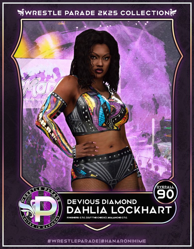 Dahlia Lockhart's trading card.
Finishers: C.T.C. (Cut the Check)
Available for both generations.
SearchTags: #WrestleParade, #HanaroniHime
