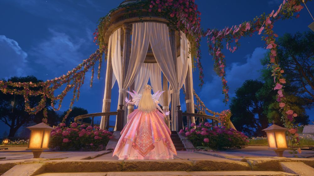 Nikki stand in front of and looking at the Swan Gazebo in a pink gown. 