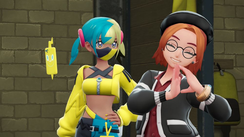 My character doing the "Let's go, Dyn4mo) pose with Canari. I like her design and personality more than Iono