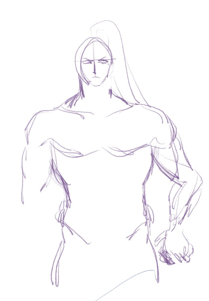 sketch of liu qingge with a large muscular body and a small head