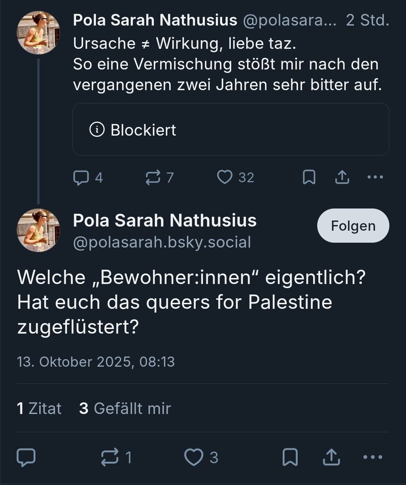 "welche Bewohner:innen eigentlich? Hat euch das queers for palastine Zugeflüstert?" 