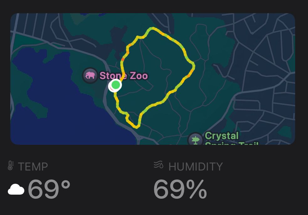 a screenshot of the apple health app showing a map track and a temperature and humidity of 69