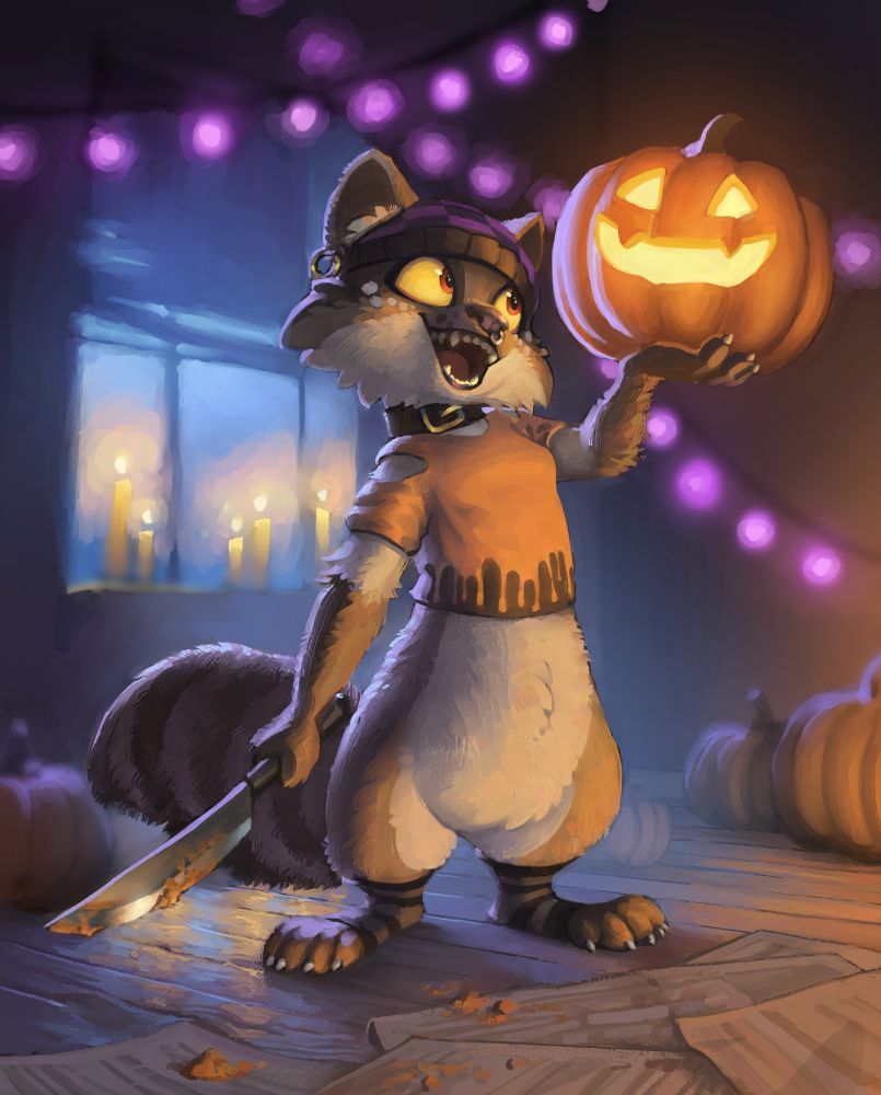 A digital painting of a brown anthropomorphic raccoon holding a knife and a freshly-carved pumpkin standing in a room lit by candles and purple string lights. She is wearing black and gray striped leggings, a t-shirt with an orange drip pattern, a black collar, nose and ear piercings, and a black and purple checkered beanie.