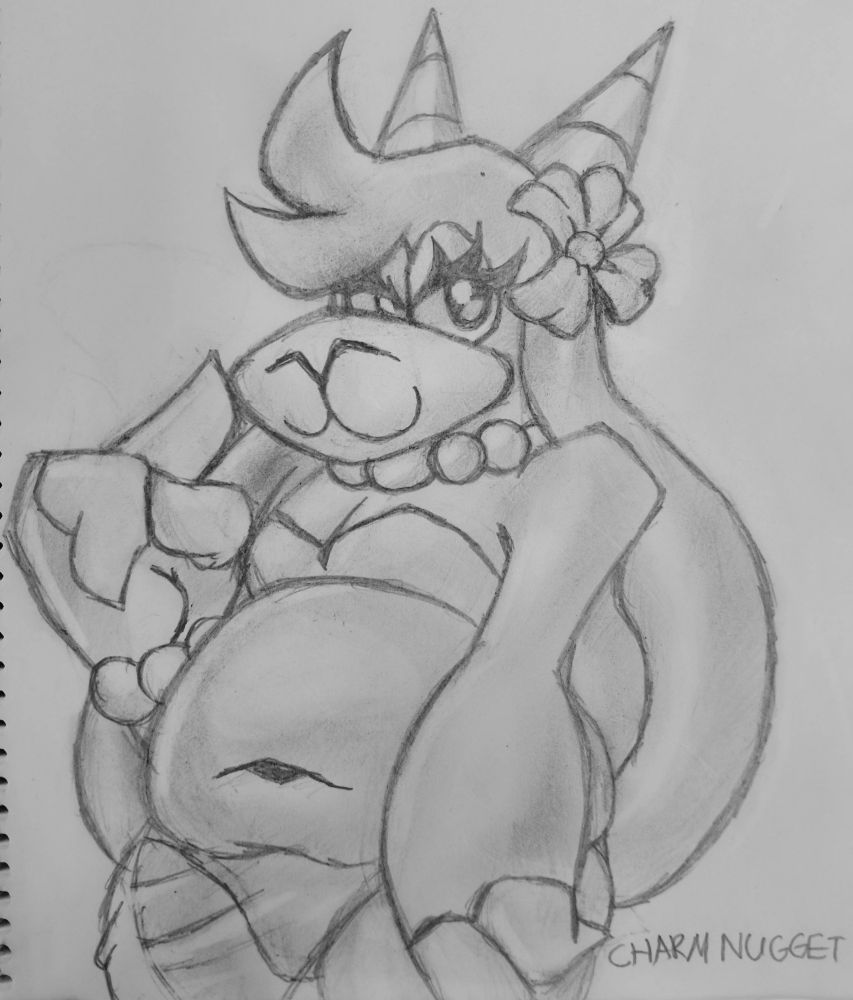 Lulubelle the sheep in a bikini with a smug flirtacious look on her face and a flower on her ear. 
Traditional art piece with a grayscale style. 