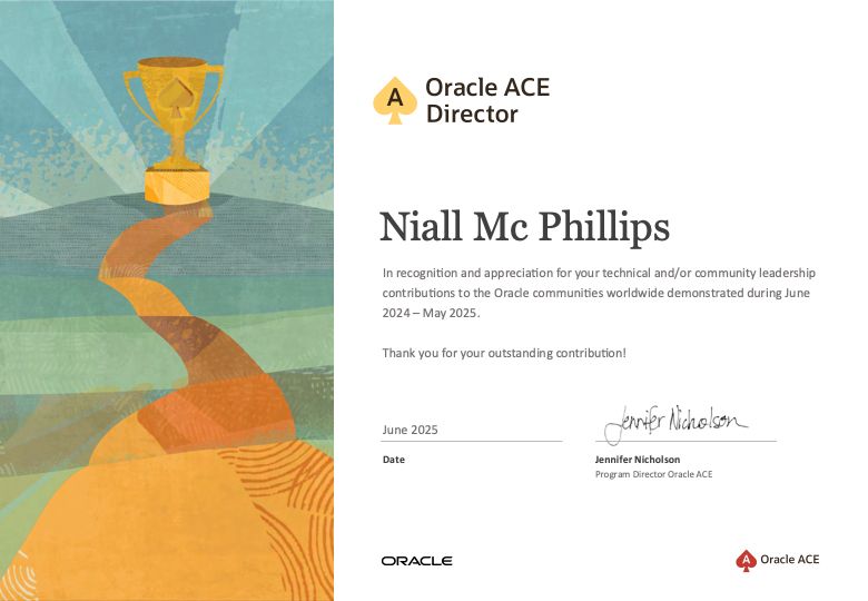 Oracle ACE Director certificate 2025 for Niall Mc Phillips