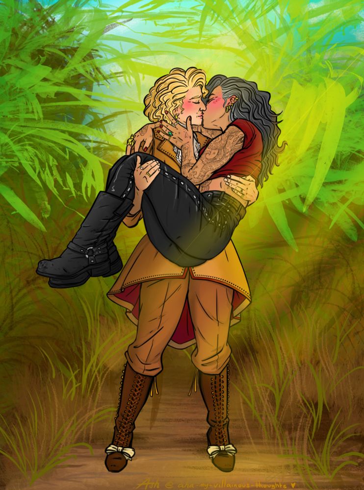 Digital illustration of a genderswapped Stede Bonnet and Ed Teach as happy lesbians on an alternative adventure date from s01e07 ‘This is Happening’. Stede is wearing a tailored brown excursion suit with a longer skirt portion lined in red with a pair of fetching brown trousers tucked into a pair of leather calf high excursion boots with little white flappy bows for the absolute practicality. She is holding Ed in her arms bridal style as they stand in vibrant green foliage and grasses. Ed is wearing her signature high waisted tear-away leather trousers and biker boots, with a dark red crop top and red nails. Her long grey hair is tossed over her shoulder as she clings to Stede and kisses her passionately. Both are wearing multiple rings and are blushing bright pink. 
