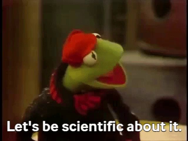 kermit the frog is wearing a red hat and scarf and saying let 's be scientific about it .