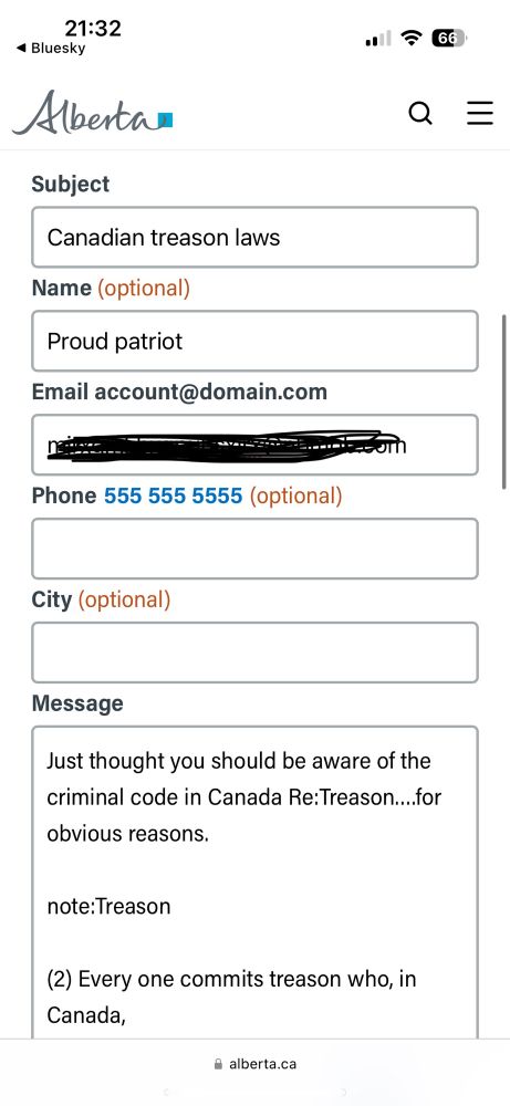 An email to Danielle smith. Subject line: Canadian treason laws Name:Proud Patriot Message: Just thought you should be aware of the criminal code in Canada re: treason…for obvious reasons. Below is the criminal code in Canada for treason. 