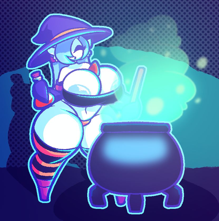 My Gardevoir Shygal Witch OC, Espella, stirring and brewing a potion with a big cauldron.