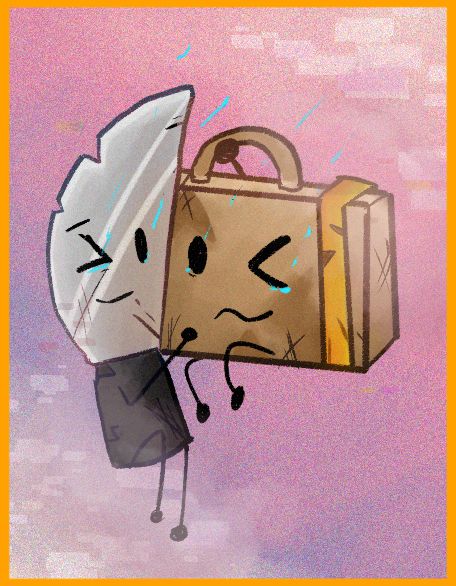 Knife and Suitcase ((battered))  falling through the sky, crying while it's slowly glitching up, it has a yellow boarder around with the noise filter up!