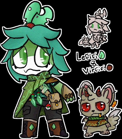 Theres an Green Keronian with brighter green hair and nomad like clothing
next to her is an demon looking cincino
theres also an doodle of them both sitting next to eachother with the name "Lefifi & Virfifi"