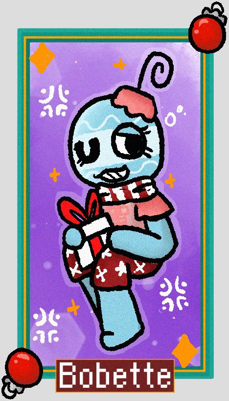 The alternative blue skin for Bobette, holding a present in her hand while sparkles and snowflakes appear around her..

she's surrounded by a green boarder with two red baubles on it, and her name in a red square
