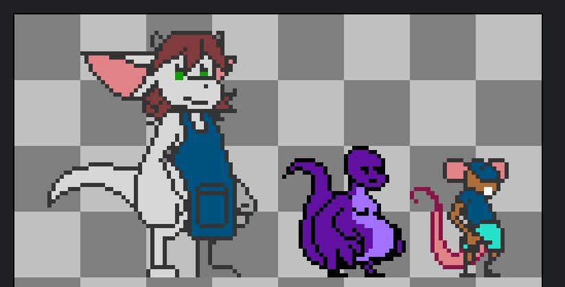 3 characters standing idly, one tall female cow-kangaroo in an apron, one small pregnant purple dinosaur and one small rat in pink, brown for the body and 2 shades of blue for the clothes.