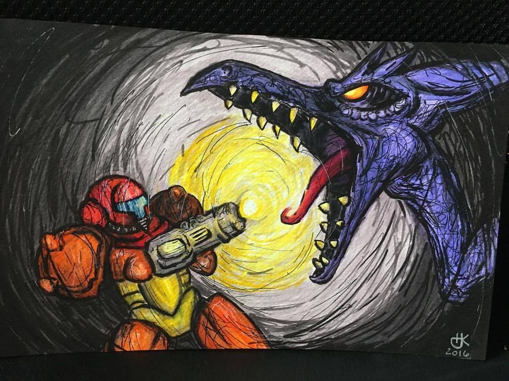 A drawing done with Tombow markers. It depicts Samus from Metroid firing a shot at Ridley, whose mouth is open.