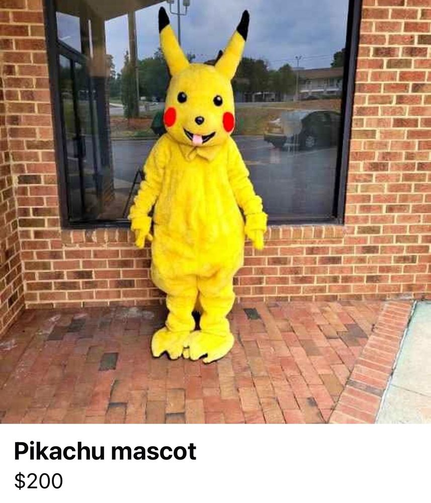 A screenshot of a Facebook Marketplace listing. 

“Pikachu mascot
$200”

It depicts an extremely off-model Pikachu mascot outfit. It’s unclear if they’re selling their services as abomination Pikachu or the outfit itself. “Pikachu’s” face is all wrong and is sticking out its tongue. The skin is so, so wrinkly, with extra folds pooling on the arms and legs. Instead of adorable paws, “Pikachu” has creepy little fur mitts and…. deflated talons? for feet. 

It stares dead-eyed, smiling into the camera in front of a brick wall and brick patio. Behind is a dark, reflective window. The photographer isn’t visible. Perhaps they were hidden by the “Pikachu,” or they never existed to begin with.