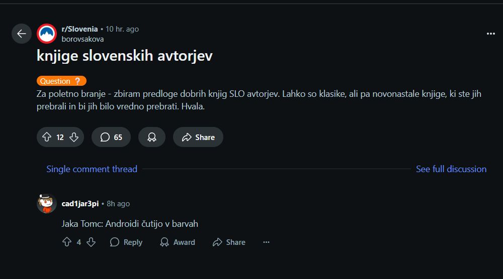 Screenshot Reddit strani, na kateri debatirajo o dobrih slovenskih knjigah. Nekdo je priporočil knjigo Jake Tomca - Androidi čutijo v barvah.