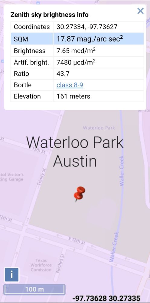 Screenshot on my phone using the Light pollution map app where I conducted a star party in a Bortle 9 sky.

Light pollution map is a mapping application that displays VIIRS/World Atlas/Clouds/Aurora overlays and IAU observatories/SQM/SQC user measurements features over Microsoft Bing base layers (road and hybrid Bing maps). The primary use is to show VIIRS data in a friendly manner, but over time it also included some other interesting layers that concern light pollution like SQM/SQC, World Atlas 2015 zenith brigtness, clouds, aurora and IAU observatories

Data credits:

VIIRS: Earth Observation Group, NOAA National Geophysical Data Center.
Aurora 30min forecast: NOAA.
Clouds: EUMETSAT, NOAA, MOSDAC/SAC/ISRO and CIRA.
Observatories: Wikipedia (updated: 16.01.2021).
World Atlas 2015: Falchi, Fabio; Cinzano, Pierantonio; Duriscoe, Dan; Kyba, Christopher C. M.; Elvidge, Christopher D.; Baugh, Kimberly; Portnov, Boris; Rybnikova, Nataliya A.; Furgoni, Riccardo (2016): Supplement to: The New World Atlas of Artificial Night Sky Brightness. GFZ Data Services. http://doi.org/10.5880/GFZ.1.4.2016.001
Falchi F, Cinzano P, Duriscoe D, Kyba CC, Elvidge CD, Baugh K, Portnov BA, Rybnikova NA, Furgoni R. The new world atlas of artificial night sky brightness. Science Advances. 2016 Jun 1;2(6):e1600377. 