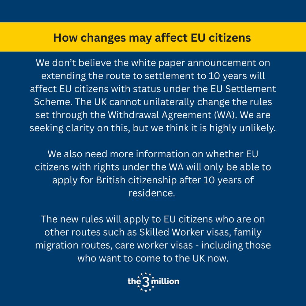 How changes may affect EU citizens
We don’t believe the white paper announcement on extending the route to settlement to 10 years will affect EU citizens with status under the EU Settlement Scheme. The UK cannot unilaterally change the rules set through the Withdrawal Agreement (WA). We are seeking clarity on this, but we think it is highly unlikely. 

We also need more information on whether EU citizens with rights under the WA will only be able to apply for British citizenship after 10 years of residence. 

The new rules will apply to EU citizens who are on other routes such as Skilled Worker visas, family migration routes, care worker visas - including those who want to come to the UK now.
