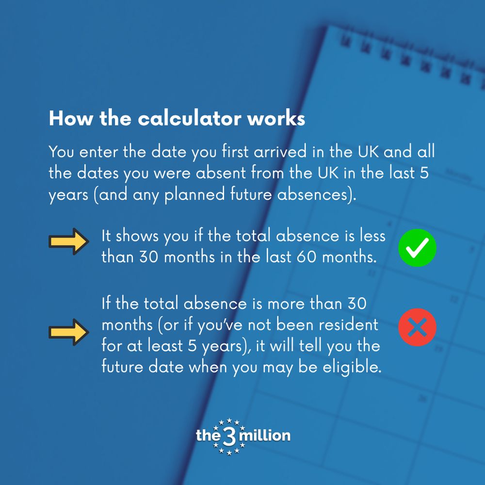 How the calculator works

You enter the date you first arrived in the UK and all the dates you were absent from the UK in the last 5 years (and any planned future absences).

It shows you if the total absence is less than 30 months in the last 60 months.

If the total absence is more than 30 months (or if you’ve not been resident for at least 5 years), it will tell you the future date when you may be eligible.