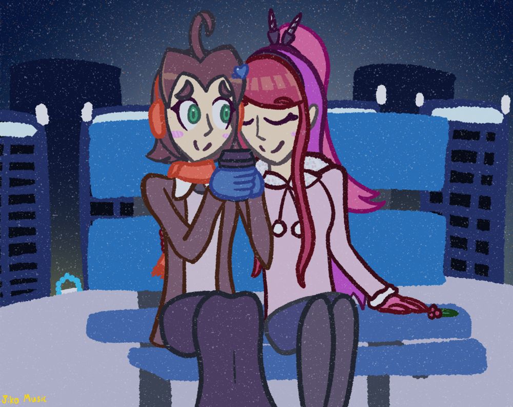 Two of my OCs, Kaoru Setsuzoku and Umari Nakaji, on a bench in a snowy city. Umari is embracing Kaoru, who is holding a hot chocolate