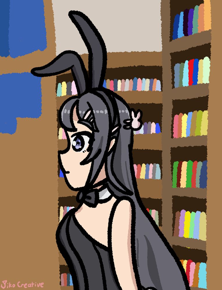 Mai Sakurajima from Rascal Does Not Dream of Bunny Girl Senpai in a bunny suit walking through a library.