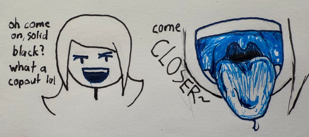 Linelle says "oh come on, solid black? what a copout lol" describing how her mouth is drawn, before a far more rendered mouth is shown as she says "come CLOSER~"