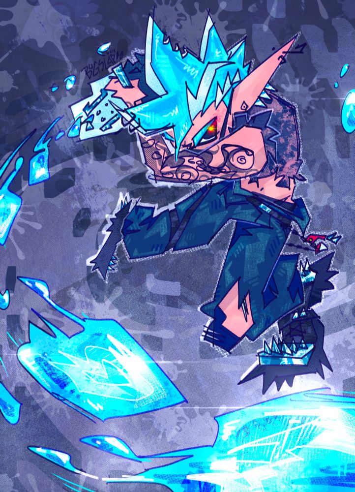 a drawing of BUGSLAP'S oc Boyfriend in an action pose sloshing the Bloblobber
