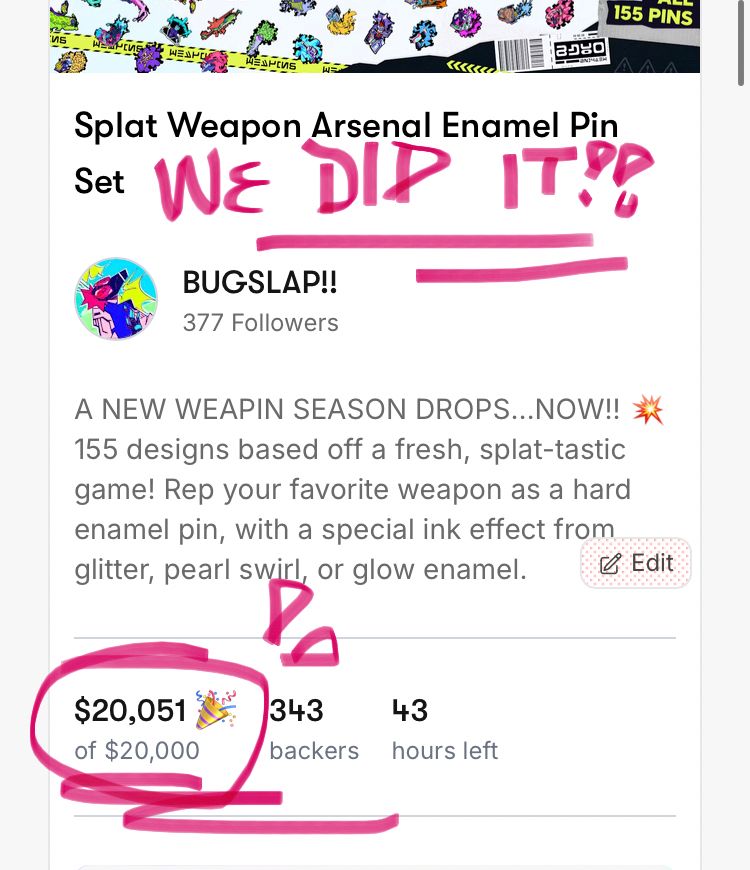 screenshot of the WeaPins Project, now fully funded!!