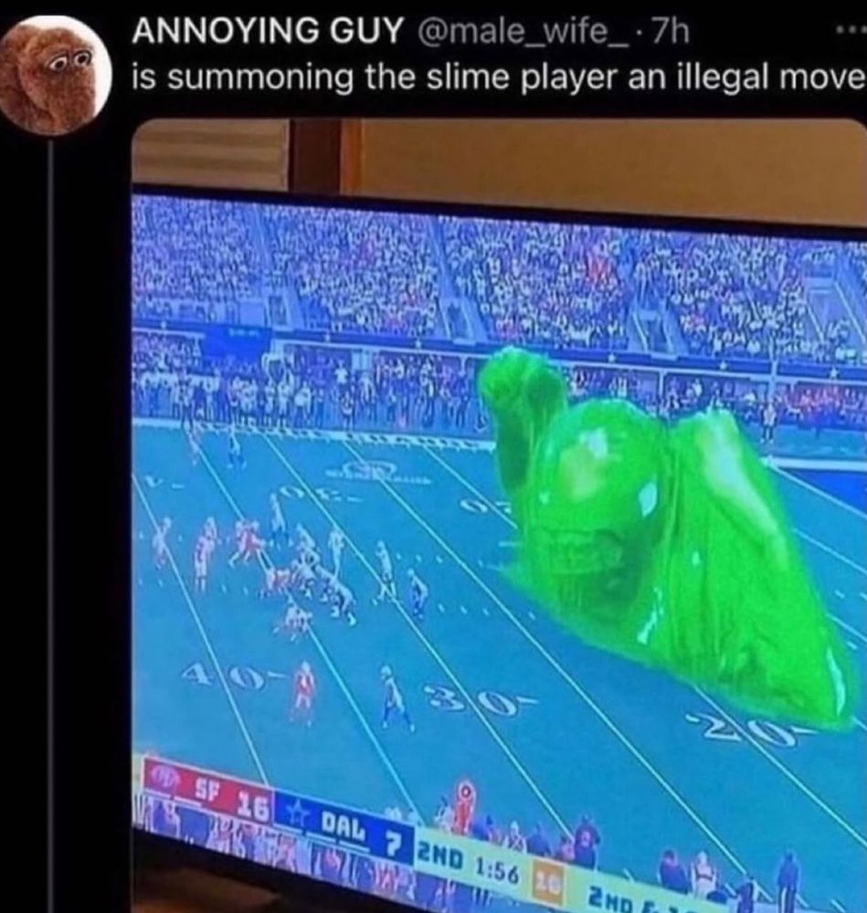 screenshot of a post that says "is summoning the slime player an illegal move" with a picture of a tv playing football with a very large slime creature on the field