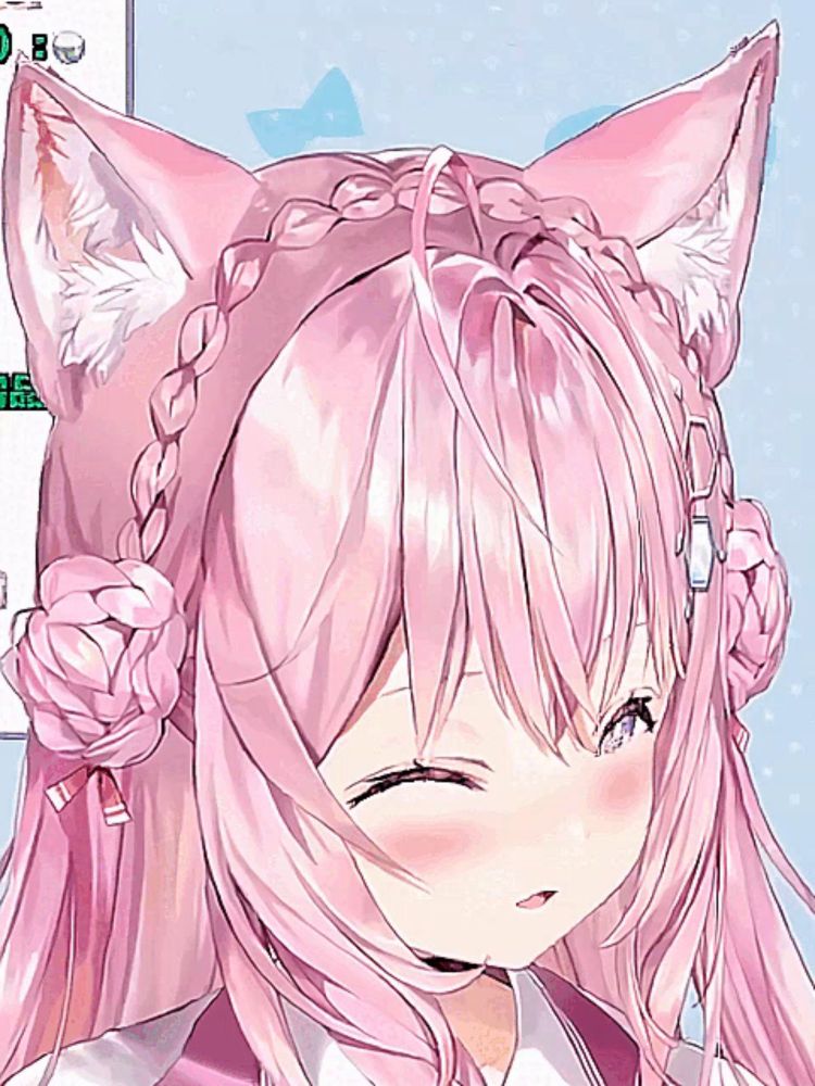 a close up of a pink haired anime girl with braids