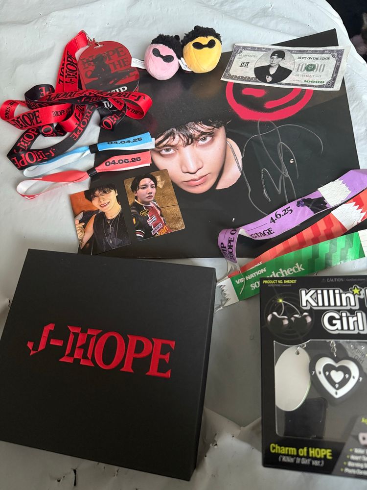 my hots vip lanyards, vip box, vip wristbands, LA and rosemont acorns, KIG photocards+ keychain, signed jitb vinyl poster, and hobi cash 
