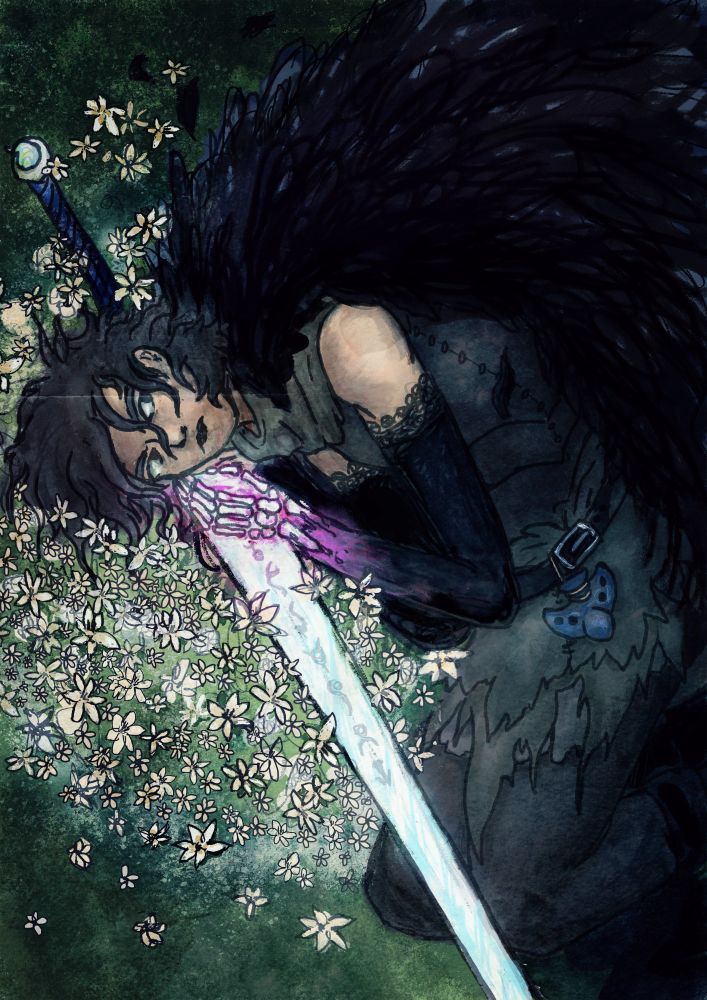 A brown haired woman lies in a bed of white lilies while gently embracing a glowing long-sword. She's wearing a cloak of feathers that's spread out to cast the top-right of the painting in darkness. She has a skeletal left-hand that glows with purple light.