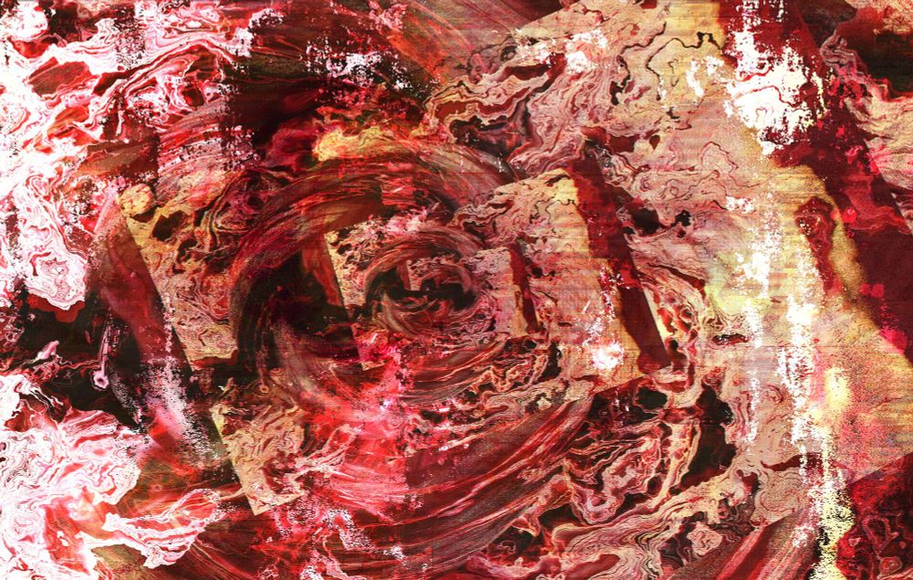 A red and glitchy piece of abstract art that It spirals in on itself