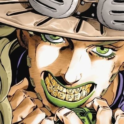 Gyro Zeppeli looking up and grinning showing off his teeth reading:
"Go!Go! 
Zeppeli"