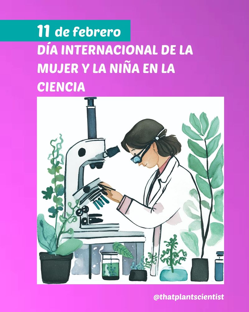La imagen incluye el texto: 11 de febrero Día internacional de la mujer y la niña en la ciencia. Incluye una ilustración con acuarela de una mujer de cabello color castaño, usando una bata de laboratorio, lentes y trabajando con un microscopio óptico. El espacio en el que está tiene macetas con plantas de diversos tamaños y frascos con soluciones.