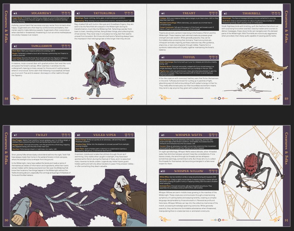 A screenshot of 2 spreads of Midnight Muscadines showing the bestiary section and 4 new pieces of art for the Tatterlings, Thornbill, Veiled Viper, and Whisper Weft.