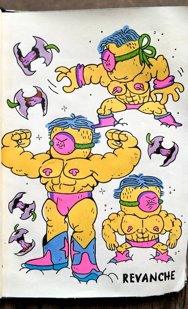 ilustração feita no papel de personagem musculoso usando máscara e sunga rosa