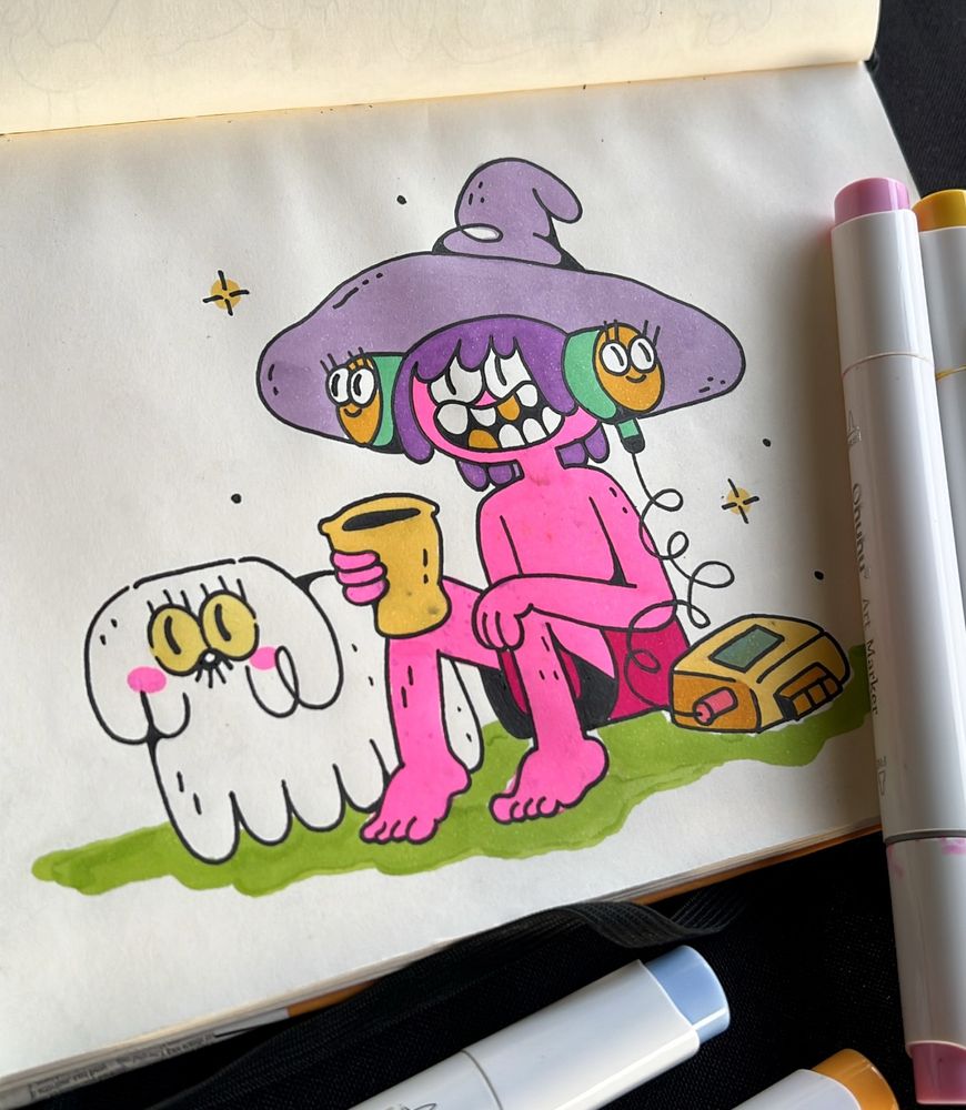 desenho no caderno: fanart de midnight gospel, no desenho clancy e a cadelinha, arte em tons de rosa lilás, verde e amarelo 