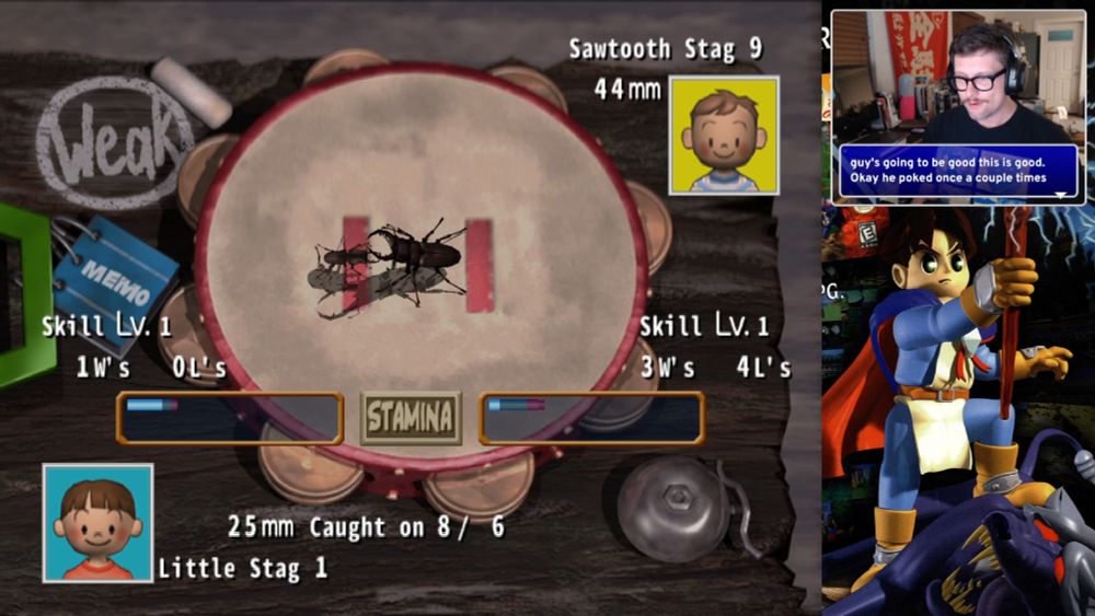 A bug battle scene from Boku no Natsuyasumi 2 shows two beetles on a tambourine arena with a stamina UI below—two labeled bars, one nearly empty and one full. The retro interface features hand-drawn elements, and a Twitch streamer appears in the corner.