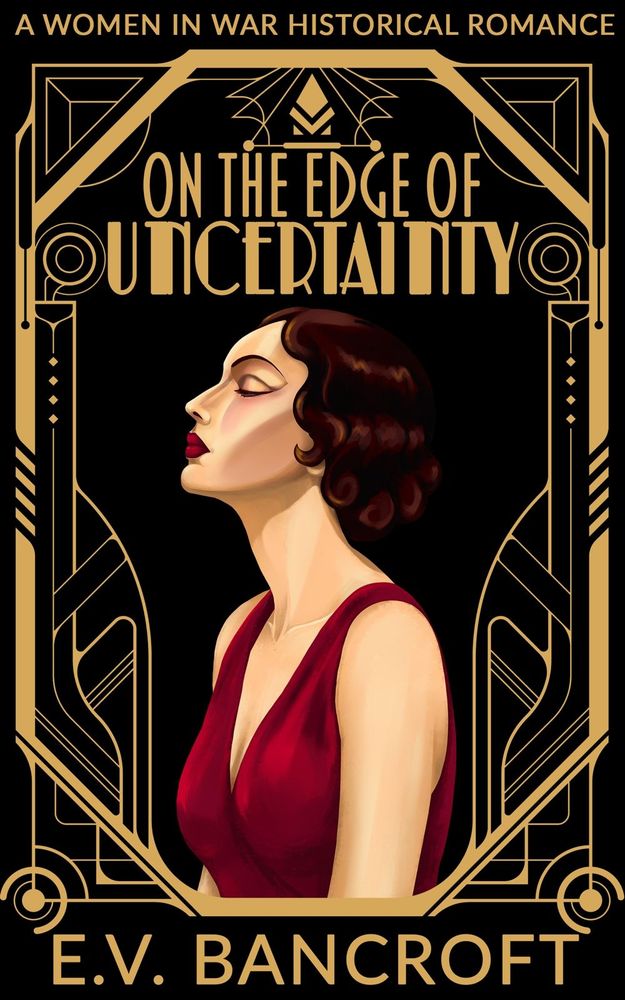 Art deco style painting of aloof glamorous woman in a red evening gown