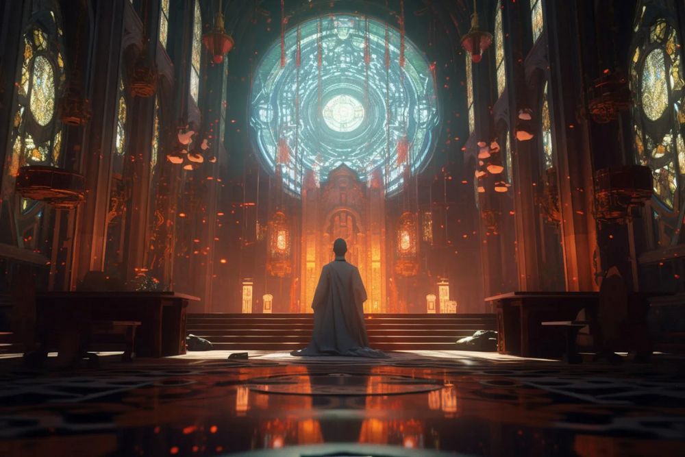 An AI generated picture of a church. A person kneels before an ominous red altar. Numerous censer-like objects hang from the ceiling - way too many. Stained glass windows that depict nothing in particular adorn the walls, with a large, circular one acting as a centerpiece. The scene it creates is overwhelming yet depicts nothing.