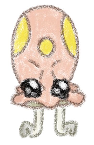 Crayon doodle of the Pokémon Toedscool, kneeling down with heavily accentuated watery eyes.