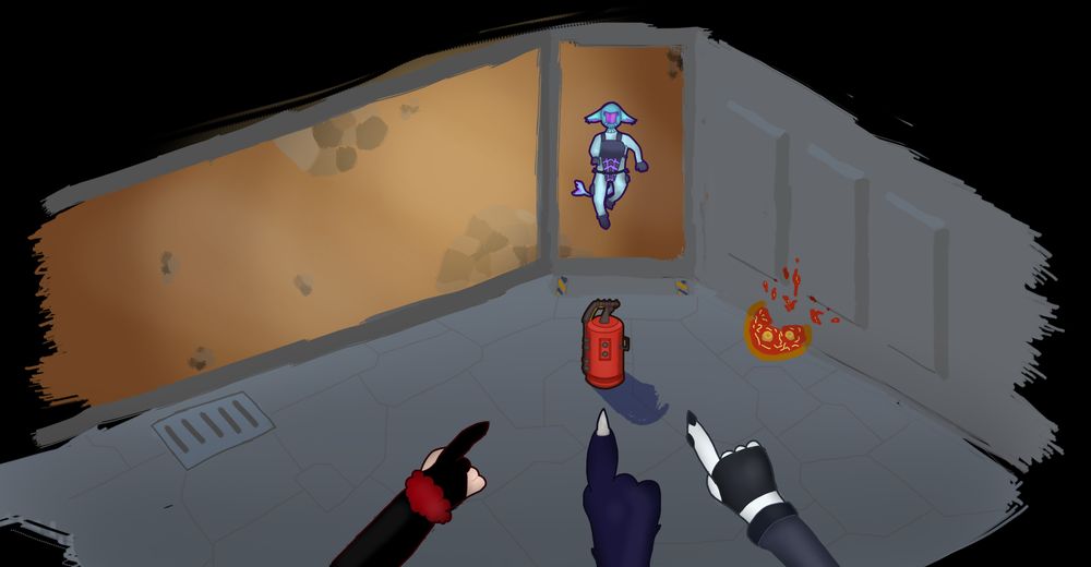 Doodlish drawing depicting a fire extinguisher. Three right arms, supposedly from Issen, Zae and Kon, point at the fire extinguisher. There's a Guzma in a space suit outside the supposed space ship too, pointing at the same fire extinguisher. There's a splashed pinapple pizza against the wall too. The drawing appears to take place inside a space ship with asteroids visible through a large window with a brownish background and distant light source.